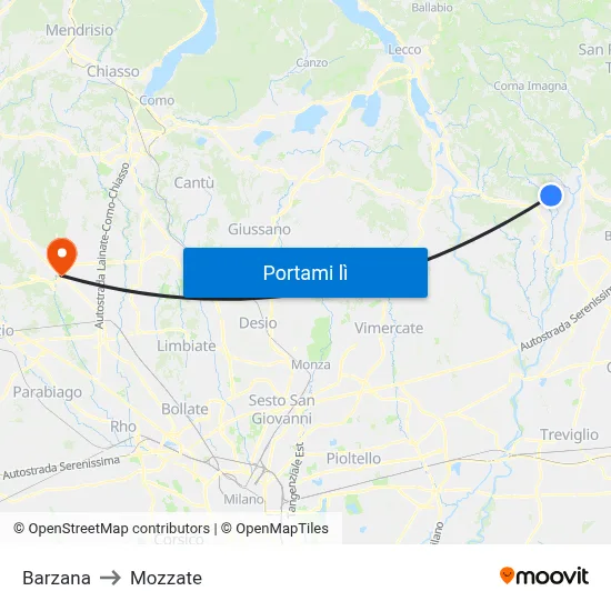 Barzana to Mozzate map