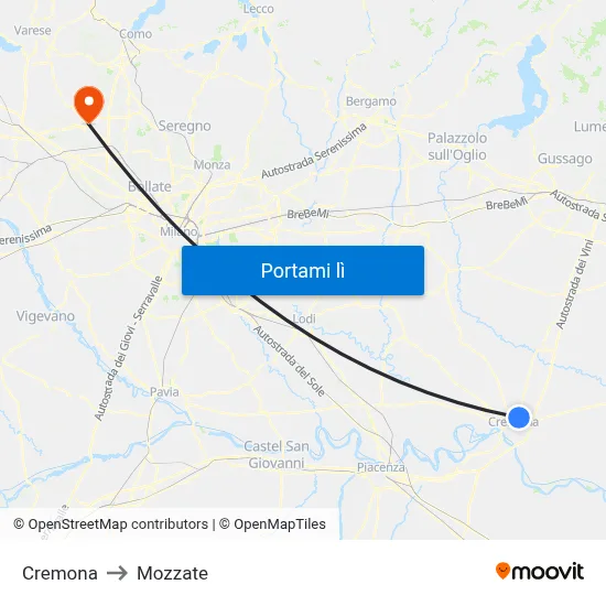 Cremona to Mozzate map