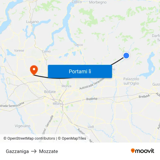 Gazzaniga to Mozzate map