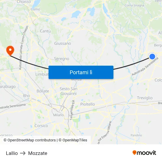 Lallio to Mozzate map