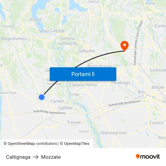 Caltignaga to Mozzate map