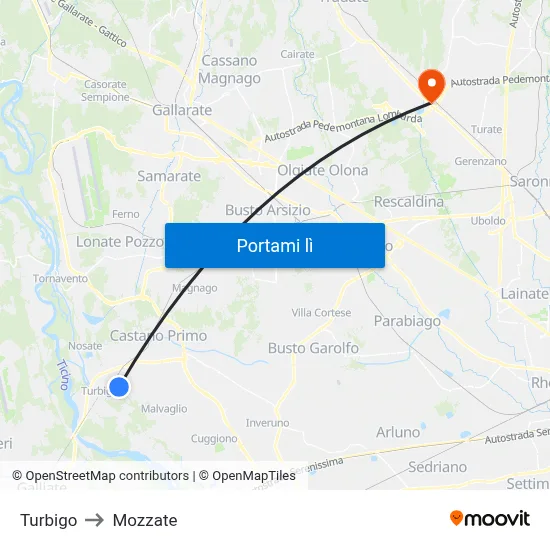 Turbigo to Mozzate map