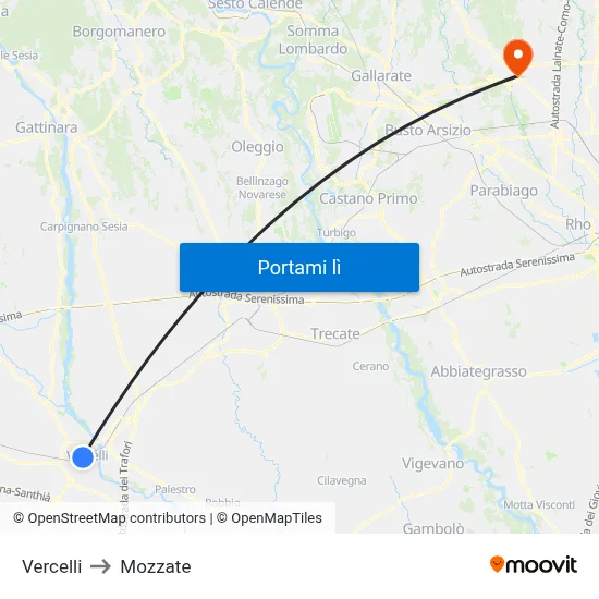 Vercelli to Mozzate map