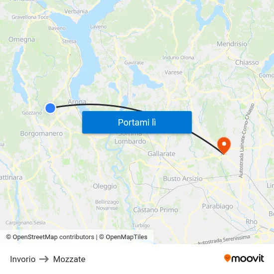 Invorio to Mozzate map