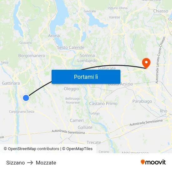 Sizzano to Mozzate map