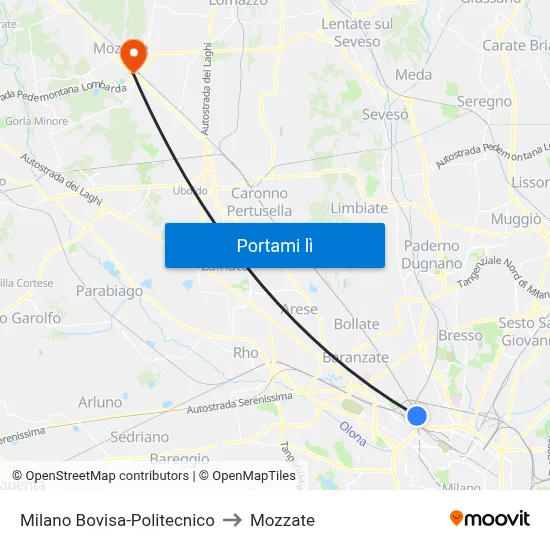 Milano Bovisa-Politecnico to Mozzate map