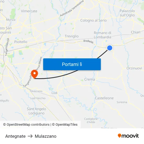 Antegnate to Mulazzano map