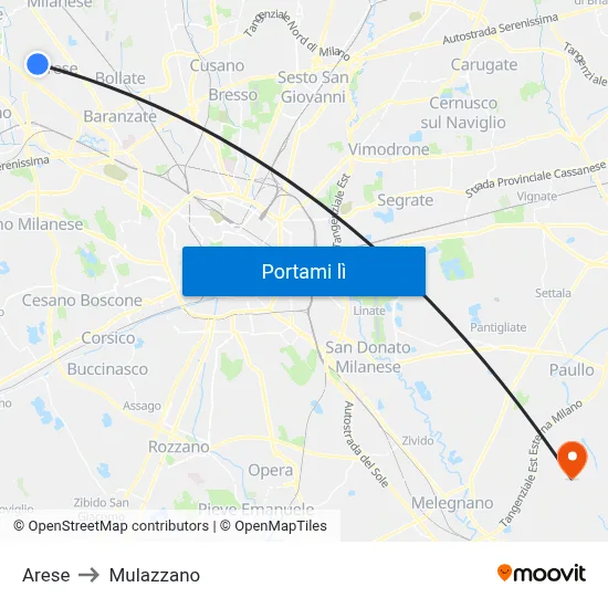Arese to Mulazzano map