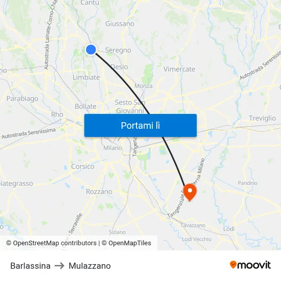 Barlassina to Mulazzano map
