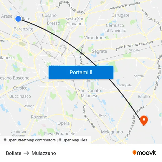 Bollate to Mulazzano map