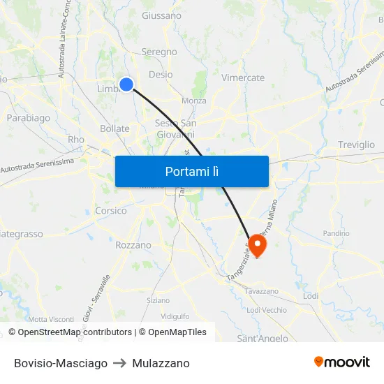 Bovisio-Masciago to Mulazzano map