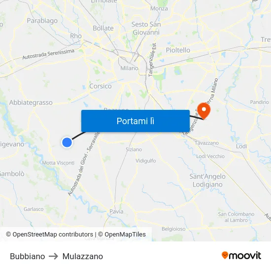 Bubbiano to Mulazzano map