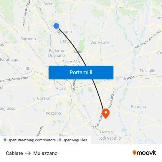 Cabiate to Mulazzano map