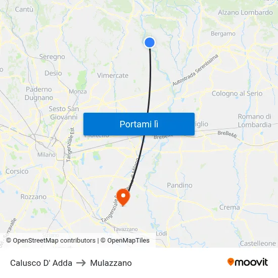 Calusco D' Adda to Mulazzano map