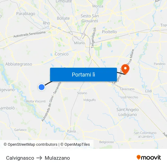Calvignasco to Mulazzano map