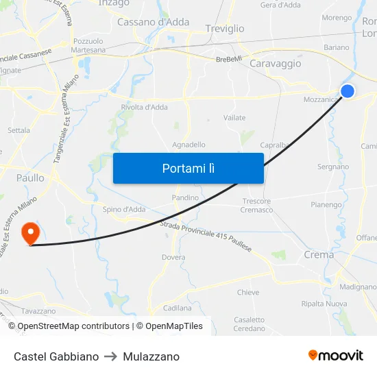 Castel Gabbiano to Mulazzano map