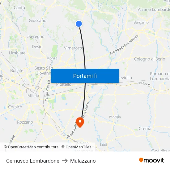 Cernusco Lombardone to Mulazzano map
