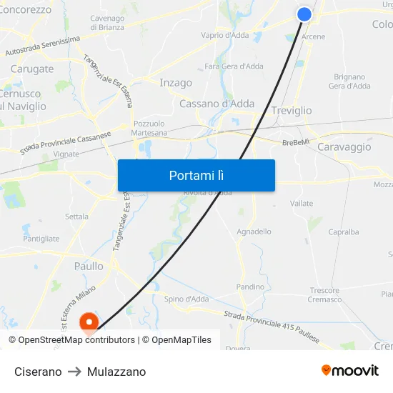 Ciserano to Mulazzano map