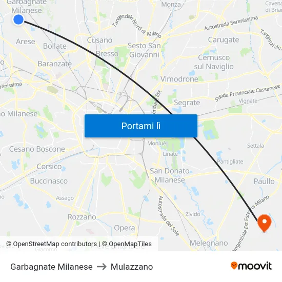 Garbagnate Milanese to Mulazzano map