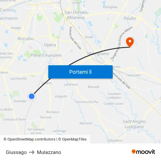 Giussago to Mulazzano map