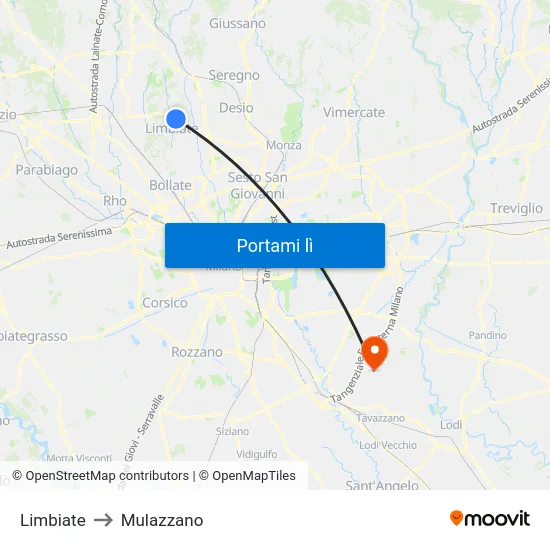Limbiate to Mulazzano map