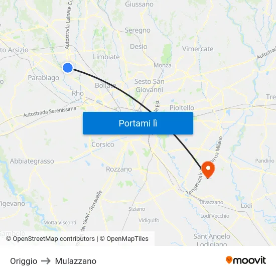 Origgio to Mulazzano map
