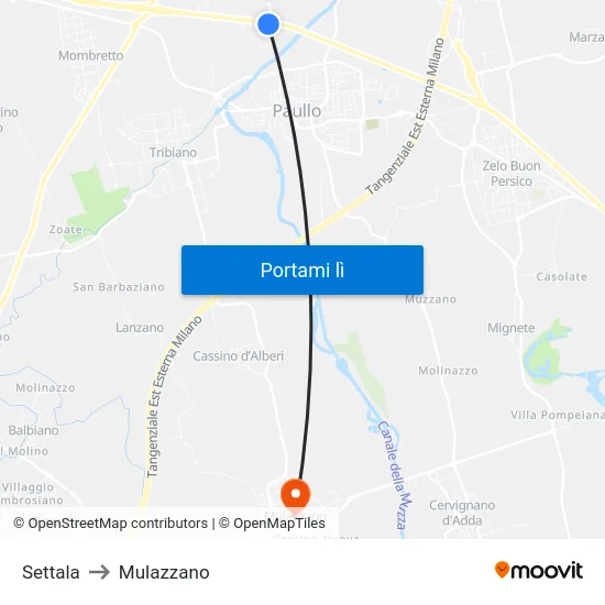 Settala to Mulazzano map