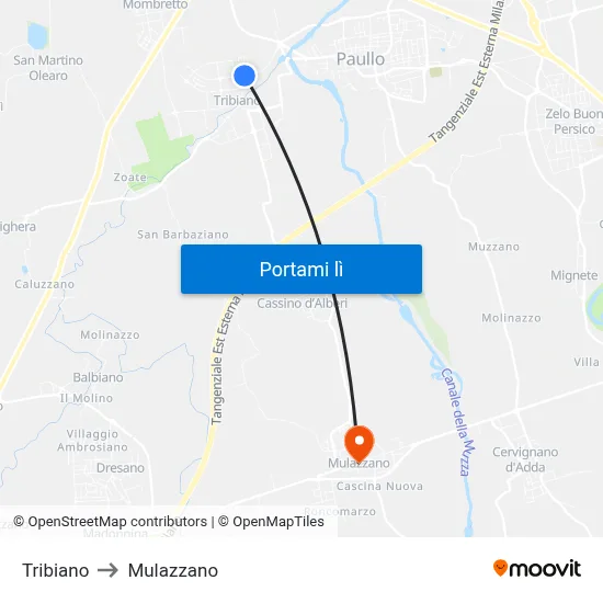 Tribiano to Mulazzano map