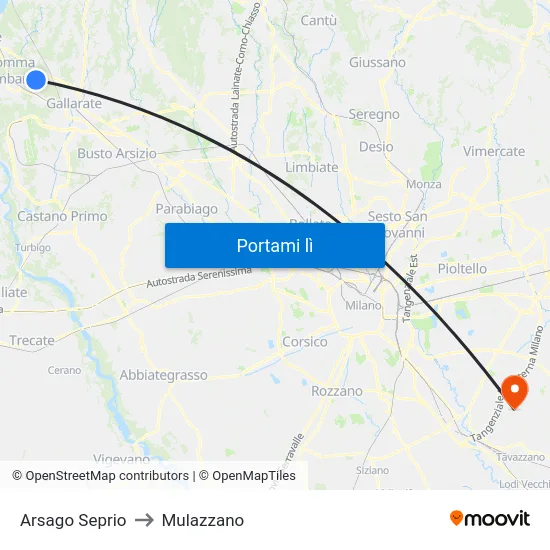 Arsago Seprio to Mulazzano map