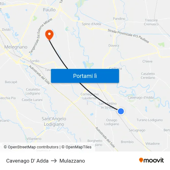 Cavenago D' Adda to Mulazzano map