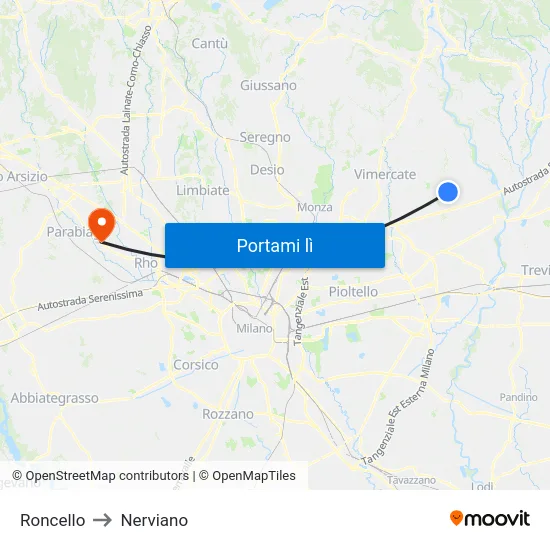 Roncello to Nerviano map