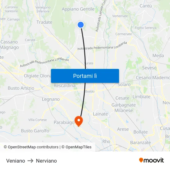 Veniano to Nerviano map