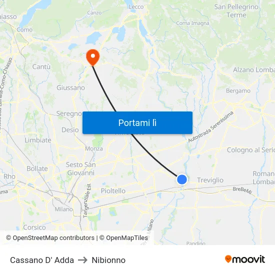 Cassano D' Adda to Nibionno map