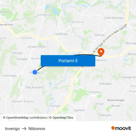 Inverigo to Nibionno map