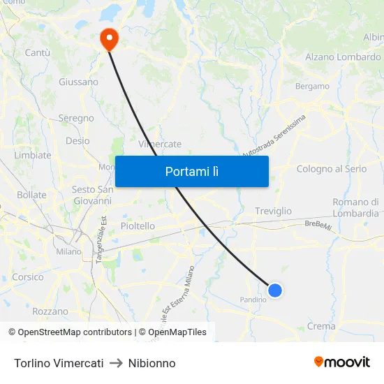 Torlino Vimercati to Nibionno map