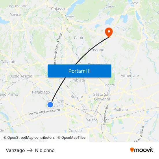 Vanzago to Nibionno map