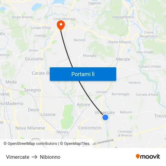 Vimercate to Nibionno map