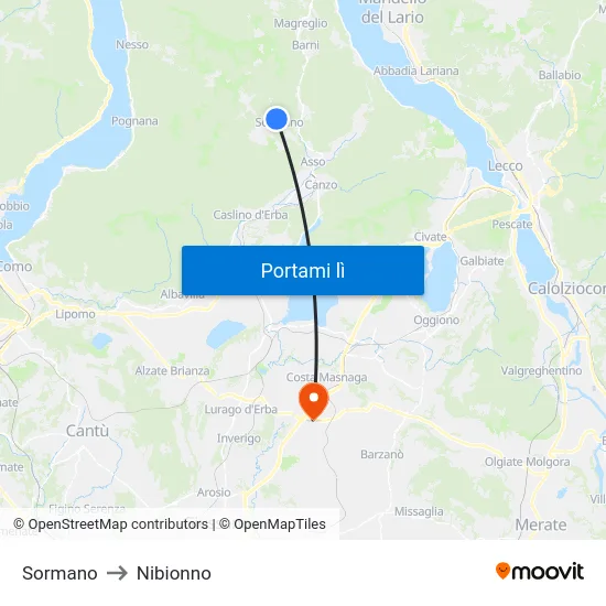Sormano to Nibionno map