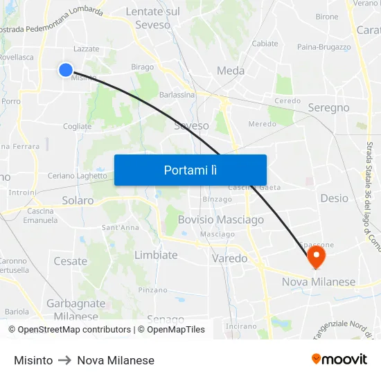 Misinto to Nova Milanese map