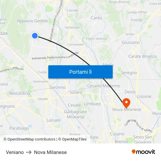 Veniano to Nova Milanese map