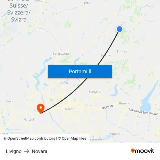 Livigno to Novara map