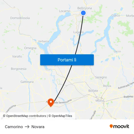Camorino to Novara map