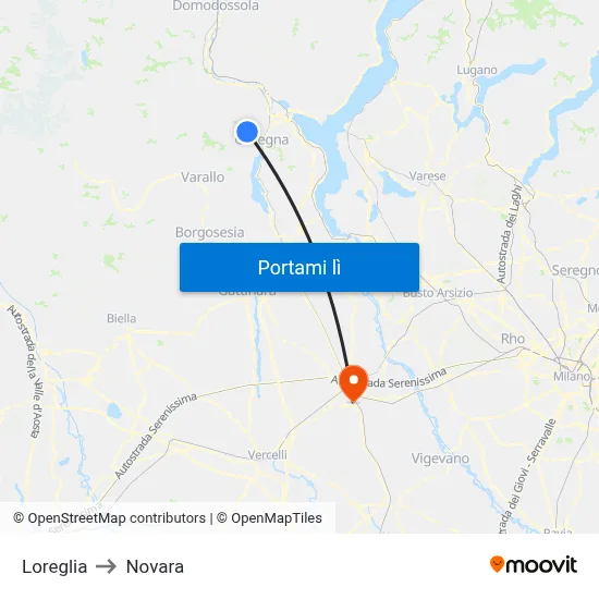 Loreglia to Novara map