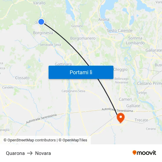 Quarona to Novara map