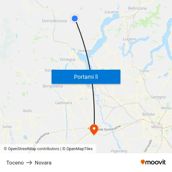 Toceno to Novara map