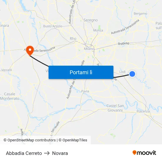 Abbadia Cerreto to Novara map