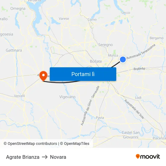Agrate Brianza to Novara map