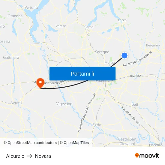Aicurzio to Novara map