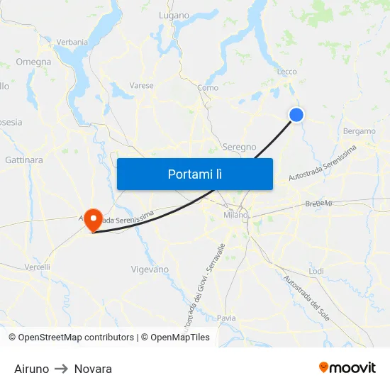 Airuno to Novara map