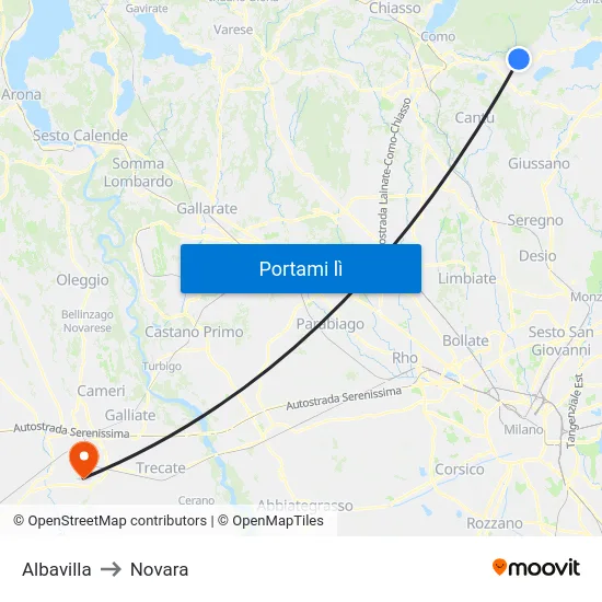 Albavilla to Novara map